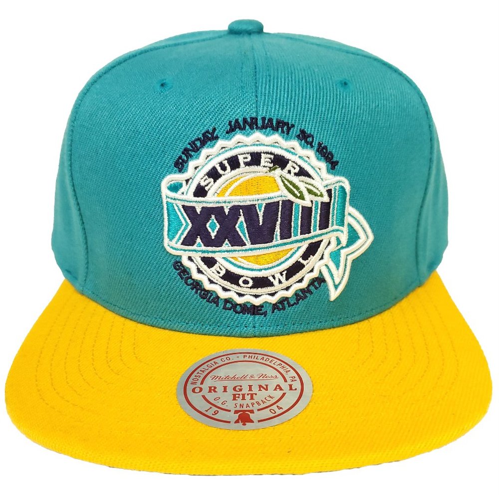 Mitchell & Ness Super Bowl XXVIII NFL Snapback Hat 3D Logo Teal‎ Yellow Cap NWT